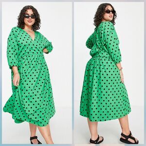 ASOS DESIGN Curve midi smock dress with wrap top in green and black spot Size 18